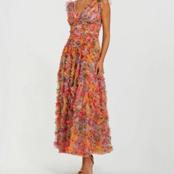 Mac Duggal  Multicolor Floral V-neck Ruffle Maxi Dress   Size 4 - Picture 9 of 9